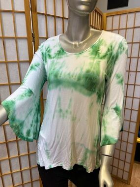 Shibori Dyed Green Scoop Neck Bell Sleeve Top